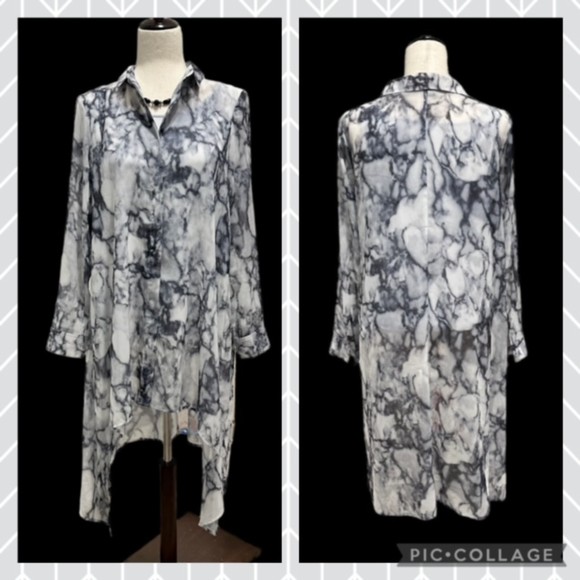 Divided H&M Women's 6 Tunic Blouse Long-Sleeve Grey White Marble Top Shirt - Picture 1 of 7